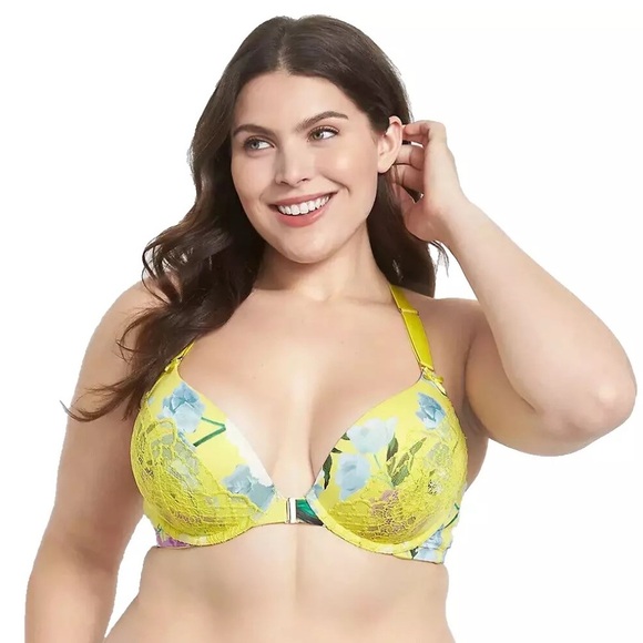 Cacique | Boost Plunge floral lace yellow front clasp Bra women’s size 42DDD - Picture 1 of 8